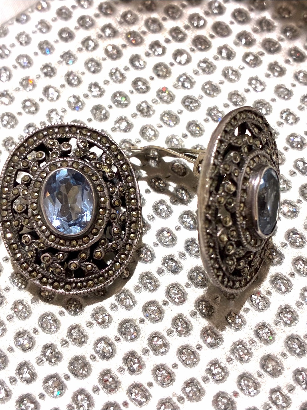 Vintage-Style 925 Silver Blue Topaz  Filigree Clip-On Earrings